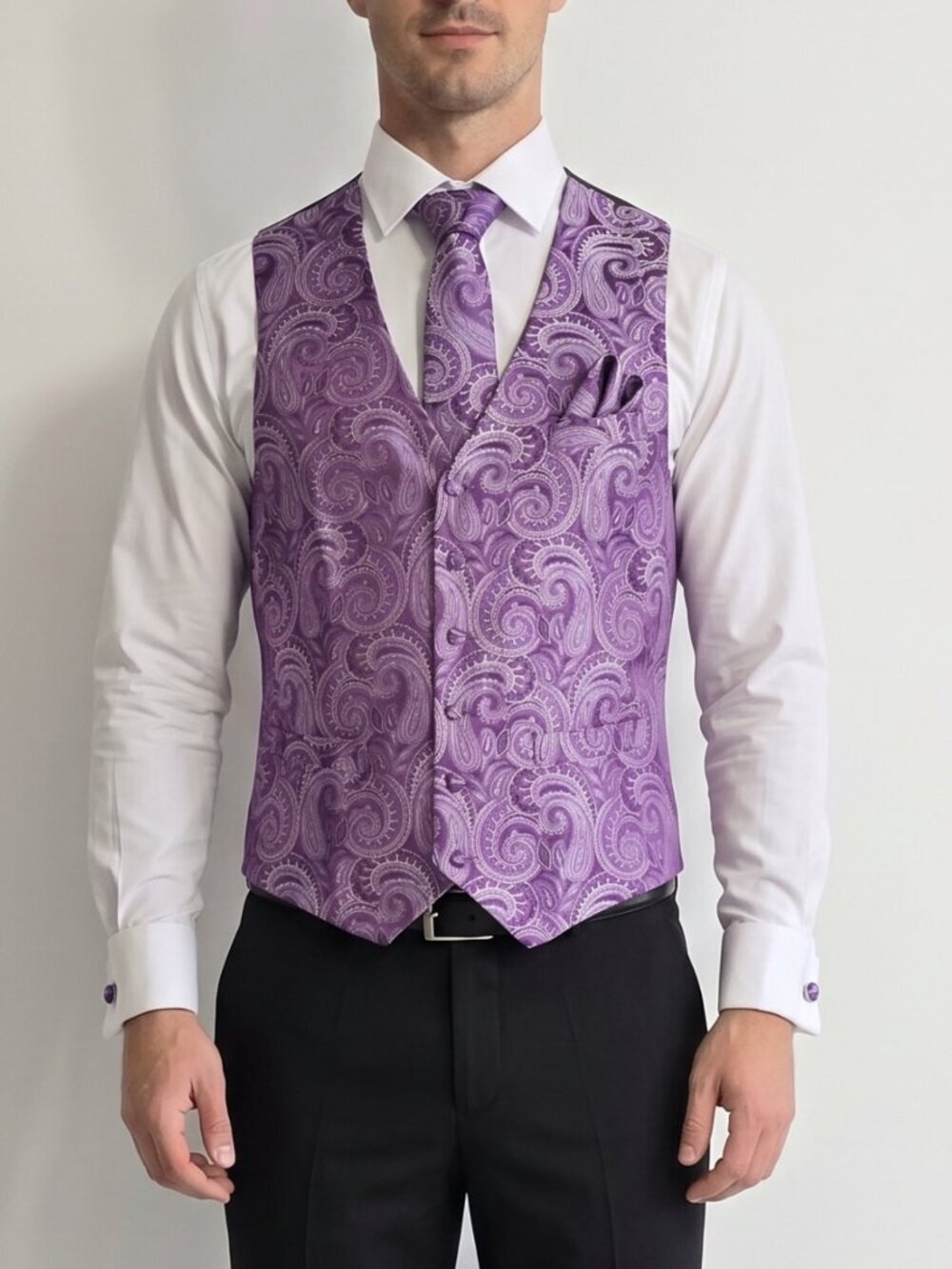 NWT | Men's Royal Purple Paisley Vest Tie Pocket Square Cufflinks Set | Small